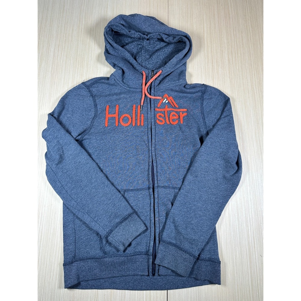 Hollister Hoodie Mens Small Blue Logo Fleece Lined Kangaroo‎ Pockets Full Zip